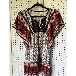 Black Rainn Short SLV Boho Peasant Top Blouse Tassel Print Women's Size Small